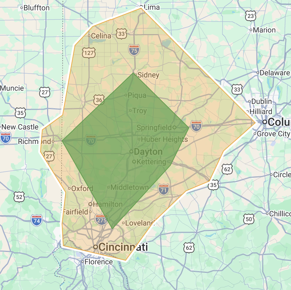 Regional map highlighting the Wagner Piano Tuning service coverage area across the Greater Dayton and Cincinnati metro regions.